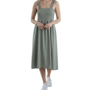 Misty Rose Smocked Sleeveless Midi Dress Sage Green Ruched Straps Crinkle Size S